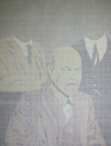 <strong>Sigmund Freud mit Schülern, 1974</strong><br>Acryl auf Nessel, 162 x 130 cm.